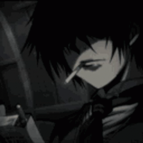 Dark profile image: grayscale illustration of a character in profile with a cigarette in their mouth